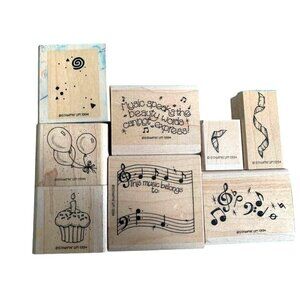 Stampin Up! 1994 Rubber Stamp Set Music Balloons Spiral Notes Party Cupcake